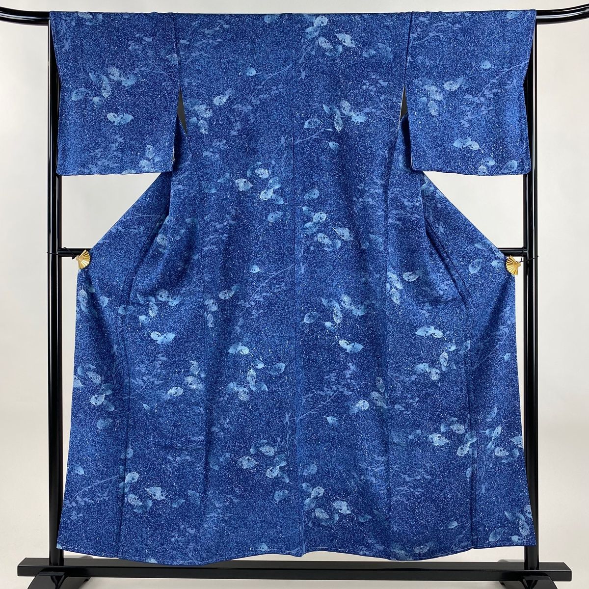 小紋 身丈155cm 裄丈66cm M 袷 葉柄 枝葉 藍色 正絹 秀品