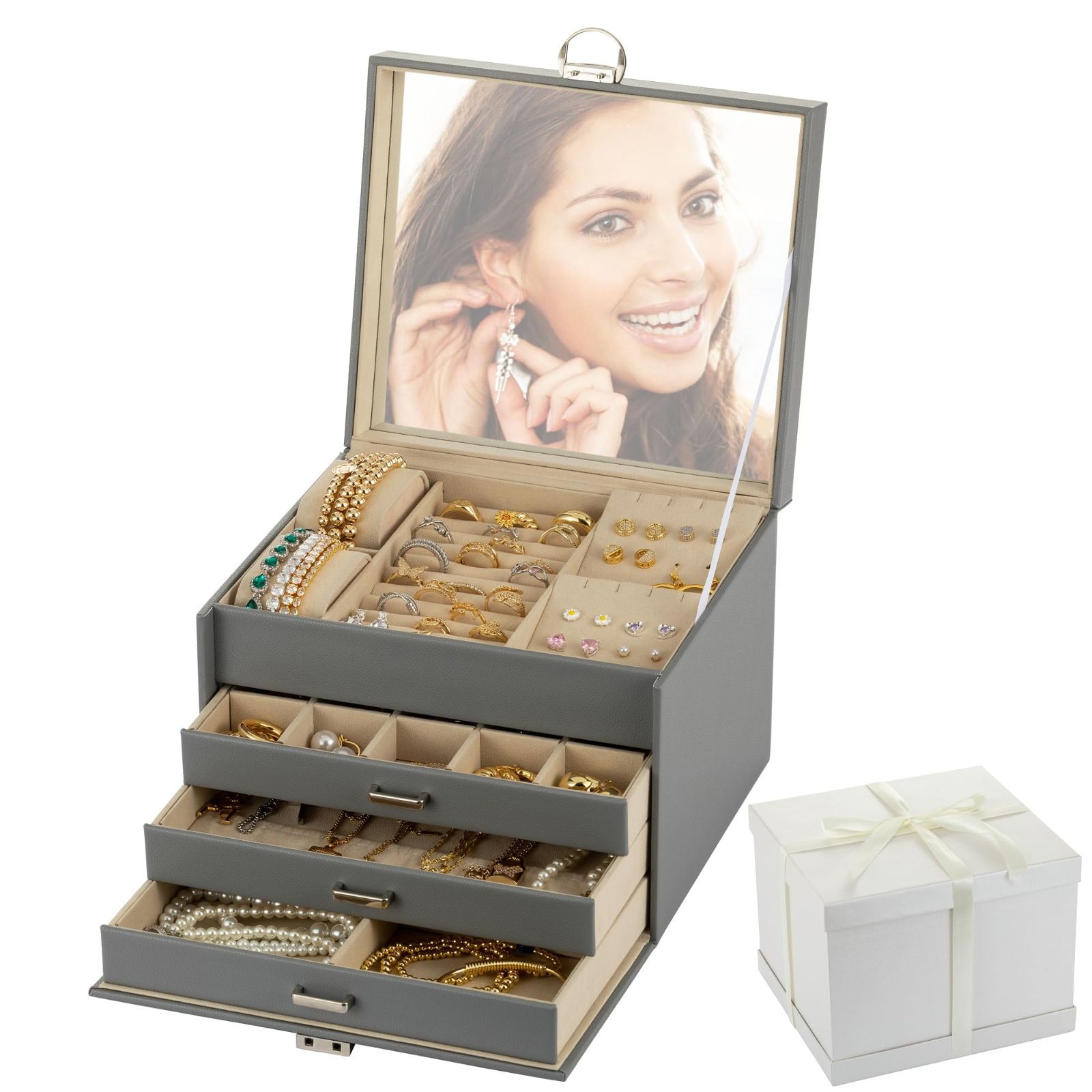 Exgox ジュエリーボックス 大容量 アクセサリーケース 4段式 PUレザー アクセサリー 収納 ジュエリーケース レディース 鏡付き 鍵付き アクセサリー イヤリング ネックレス 腕時計 アクセサリーケース 宝石箱 持ち運び 誕生日 母の日 結