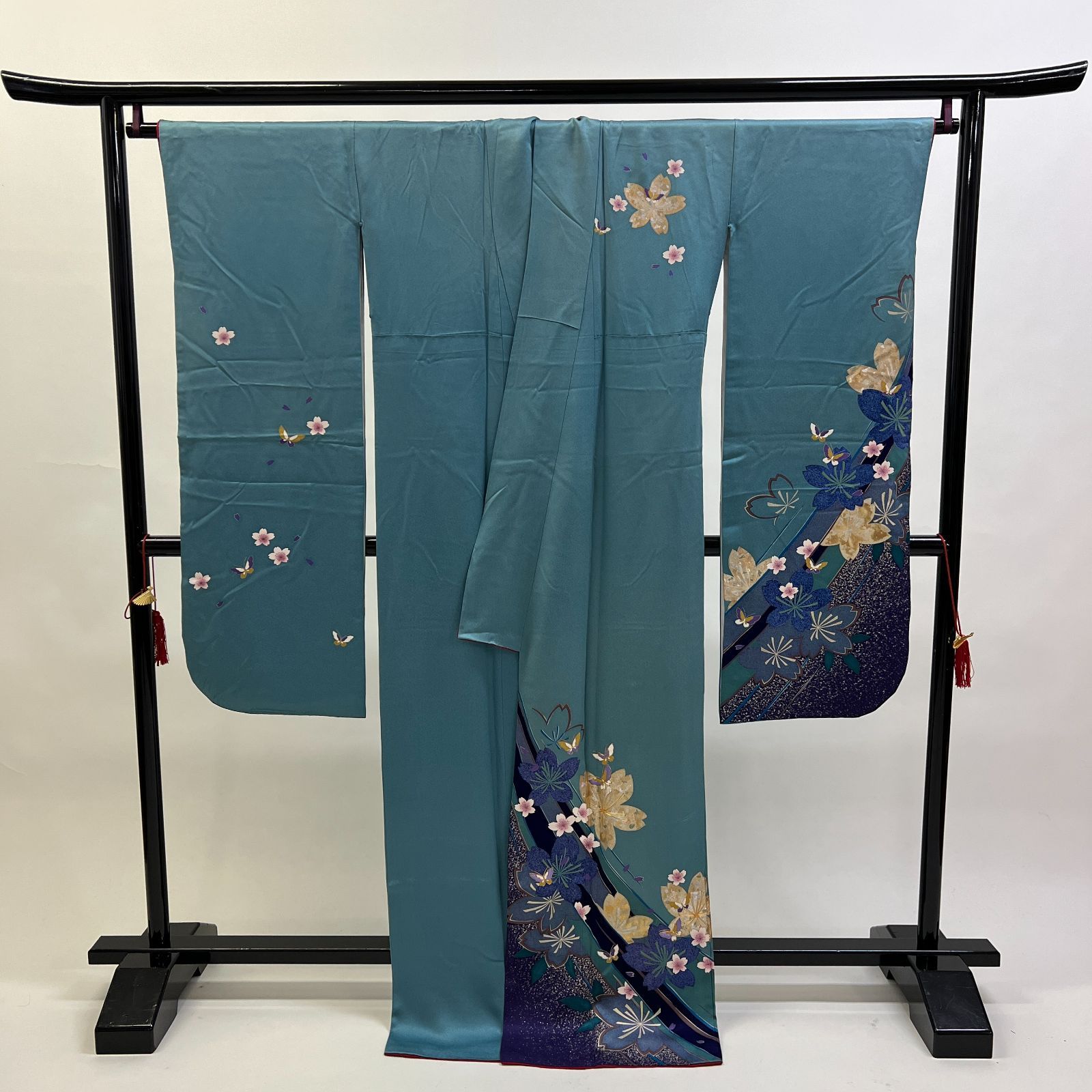 振袖 正絹 格子流水花模様 身丈165.5cm 裄丈66.5cm 振袖 リサイクル 中古 着物 成人式 結婚式 e0753 きもの翔鶴] 振袖 正絹 格子流水花模様 身丈165.5cm 裄丈66.5cm 振袖