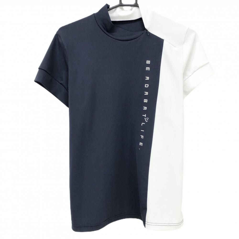 アダバット半袖トップステイシャツ40 美品】アダバット 半袖ハイネックシャツ ネイビー×白 肩ジップ