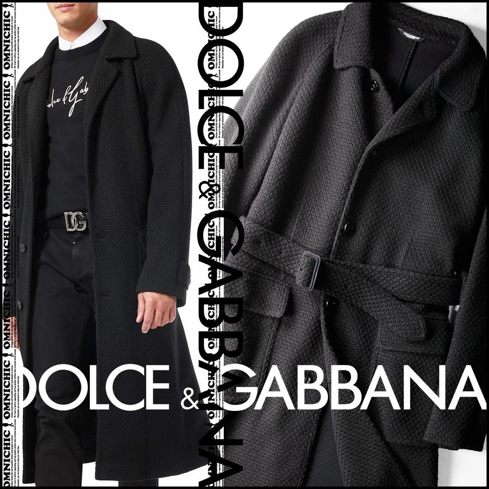 贅沢に織り上げた DOLCE-GABBANA 上 ブラック の 感 ベルテッド バル ニット ロング コート 50 ドルチェ＆ガッバーナ DG