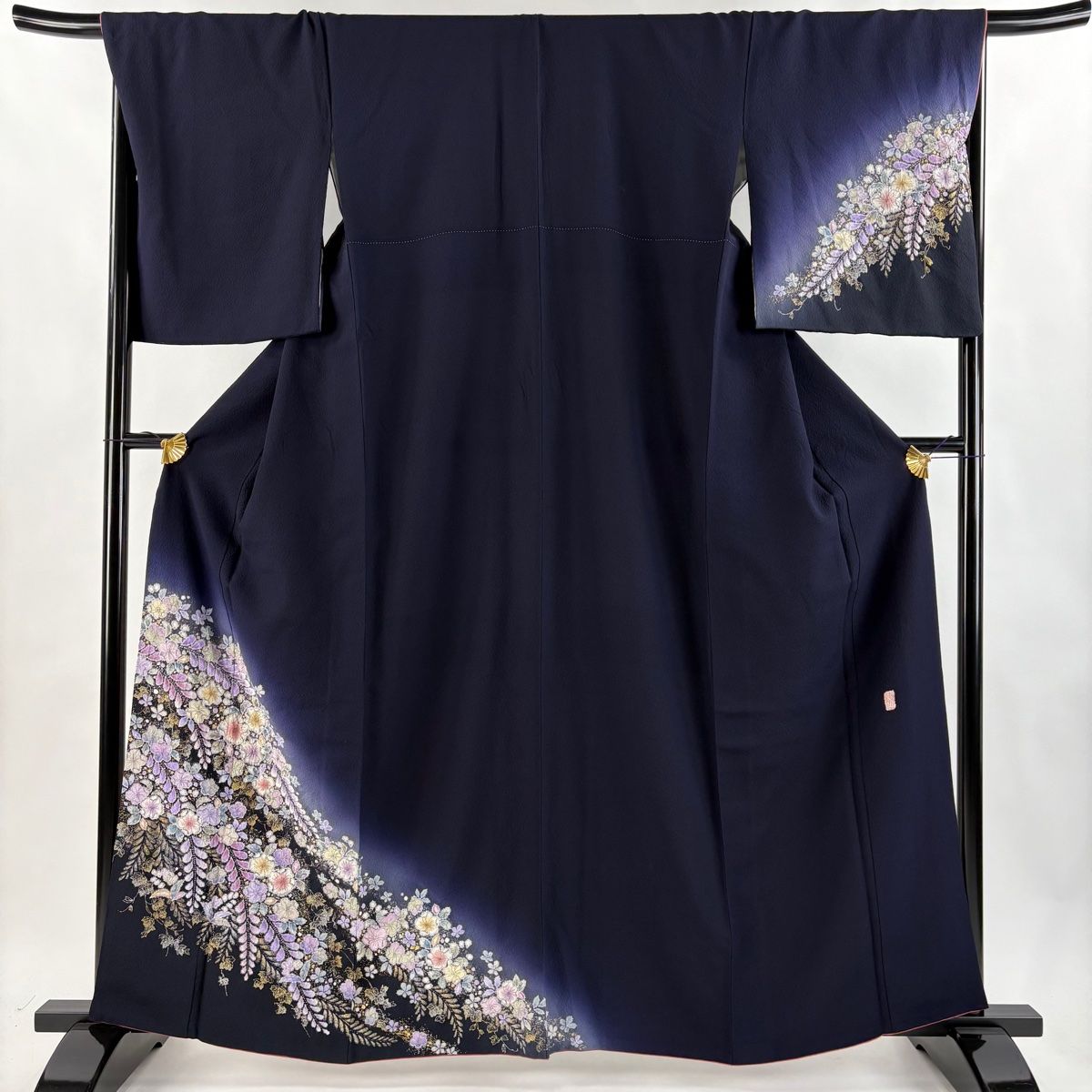 付下げ 身丈161cm 裄丈67.5cm L 袷 翠山工房 やまと 落款 辻が花 金銀彩 ぼかし 濃紺 正絹 名品