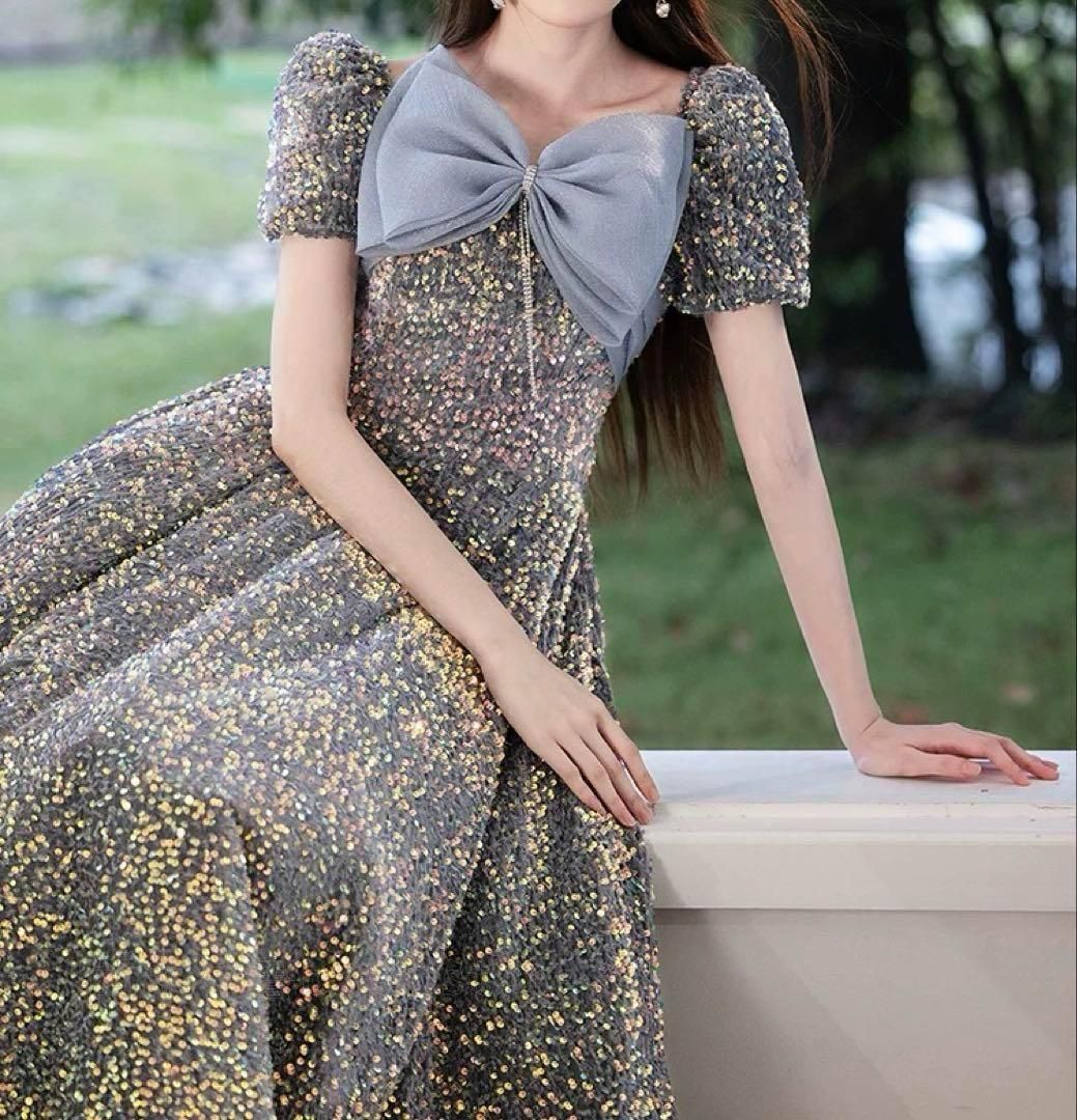 胸元リボンが可愛い 半袖のスパンコール イブニングドレス ロングドレス、イブニングドレス、胸元リボン、スパンコール