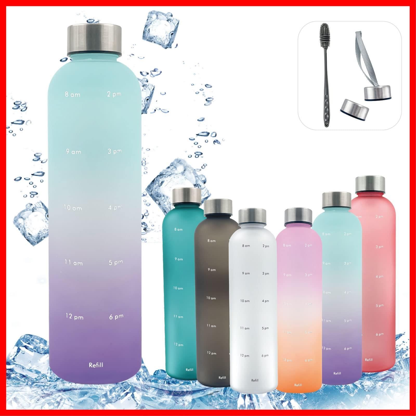 1000ml タイムマーカー付き 水筒 透明の水筒 ミント ウォーターボトル モチベーション測定 時間と量付き 軽量 BPAフリーのつや消しプラスチック 1リットル ねじ込みステンレス製の蓋 ジム、ス