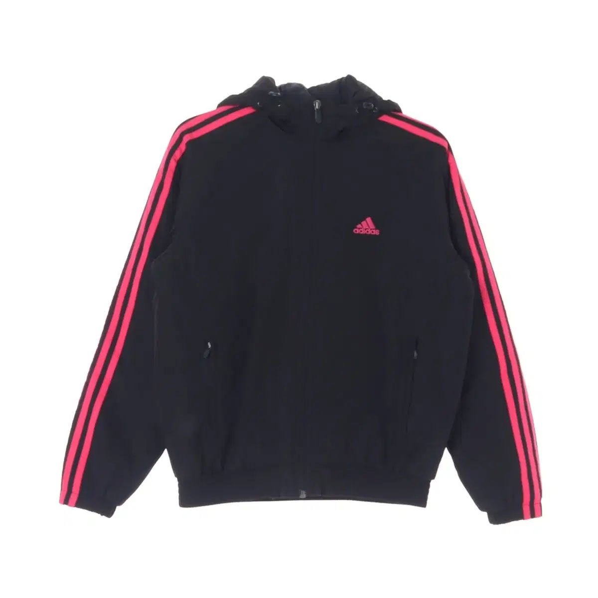 S adidas アディダス 黒 ホットピンク ダウン 裏地 フード ジップアップ ウィンドブレーカー ブルゾン