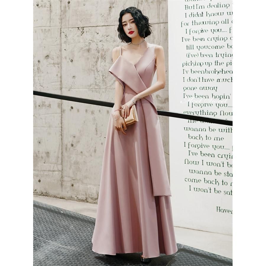 カラードレス ファスナー ピンク グリーン ブラック パーティードレス フォーマル ロングドレス 結婚式 二次会 披露宴 発表会 演奏会 袖な