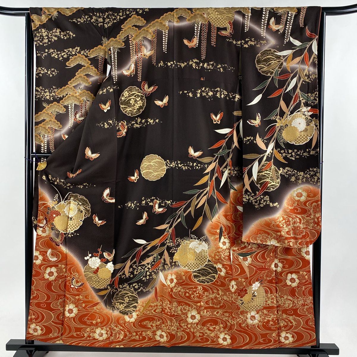 振袖 身丈159cm 裄丈63cm S 袷 雪輪 草花 金糸 金彩 茶紫 正絹 秀品