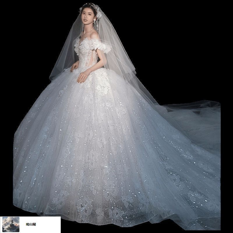 送料無料 フレンチライトウェディングドレス 一字肩Vネック 感あふれる重厚なロングトレーン 夏用-8.13LYC680夏の新生活