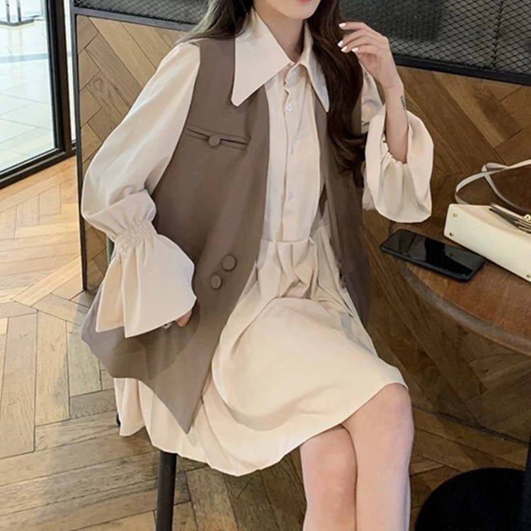 長袖 シャツワンピース ジレ セット 異素材ミックス 韓国 新品】大人ガーリー♡ジレ＋プリーツシャツワンピース