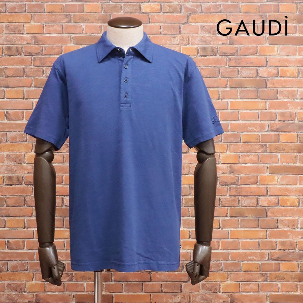 25SS|GAUDI|Lサイズ|台襟ポロシャツ C511GU64081 スラブ混ジャージー 無地 ガーメントダイ 半袖 |紺|ネイビー|kf214|
