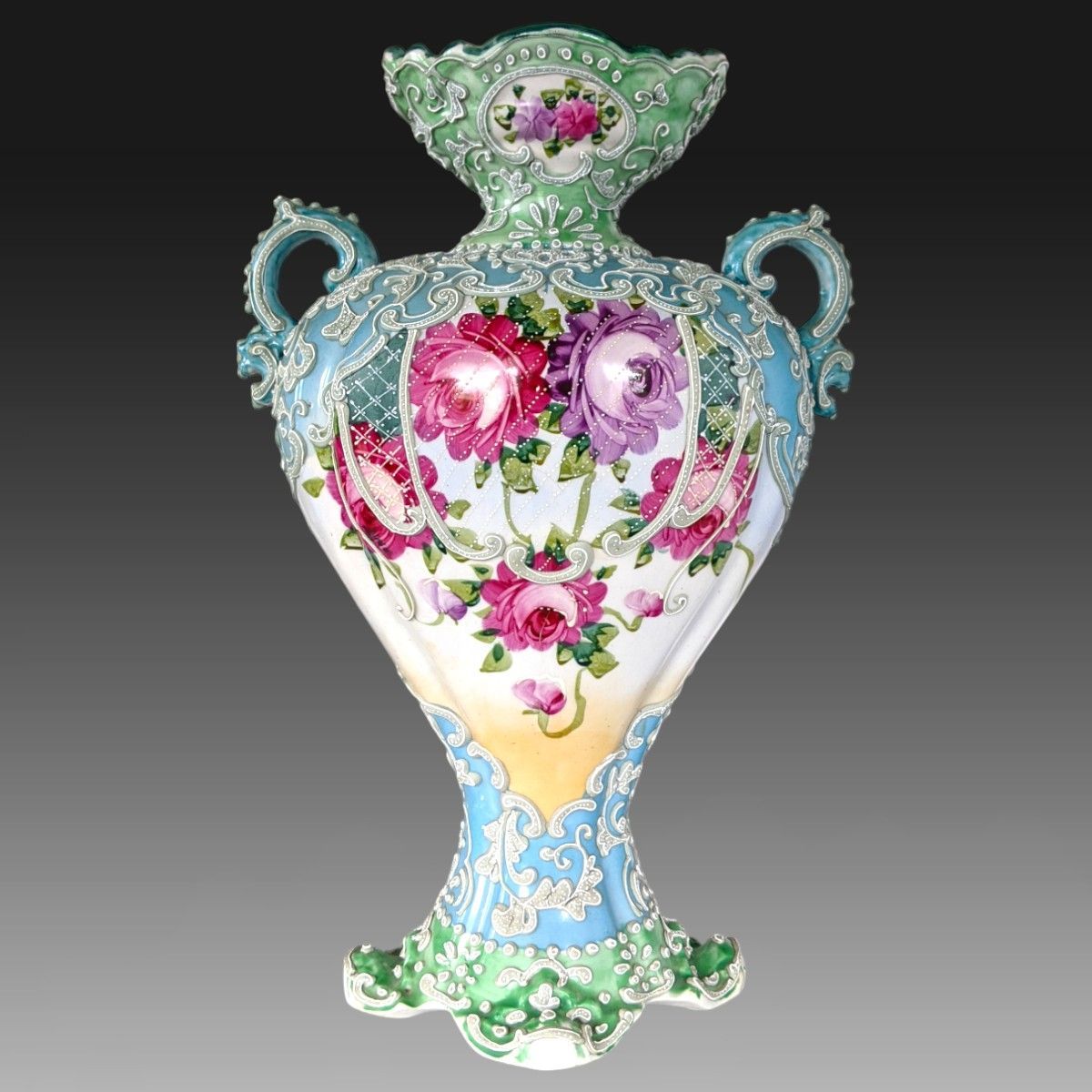 【希少】オールドニッポン 花絵地 一陳盛上げ アールヌーボー様式 花瓶 盛り上げ 里帰り品】オールドニッポン 飾り壺 薔薇絵 一陳盛上げ手描き
