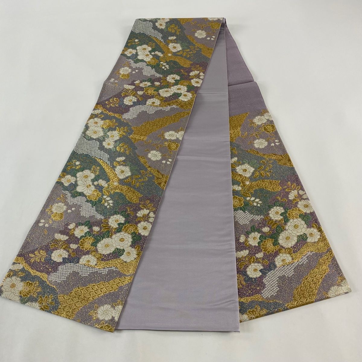 袋帯 美品 秀品 辻が花柄 有職文様 金銀糸 箔 薄紫 六通 正絹 【中古