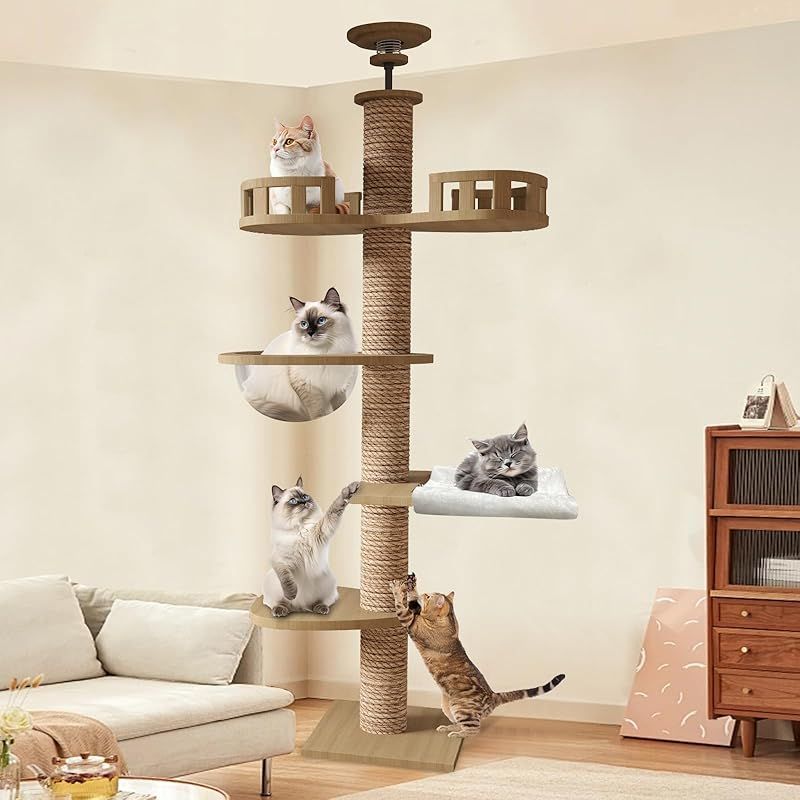 CozyMeow キャットタワー 突っ張り 木製 キャットツリー 木登りタワー 多層無垢材 太い支柱 スリム 宇宙船 ハンモック 多頭飼い 大型猫用 猫タワー 人気 おしゃれ 爪とぎ つめとぎ 猫 かわいい ねこ キャットウォーク 安定性良い 高さ調整幅2 0