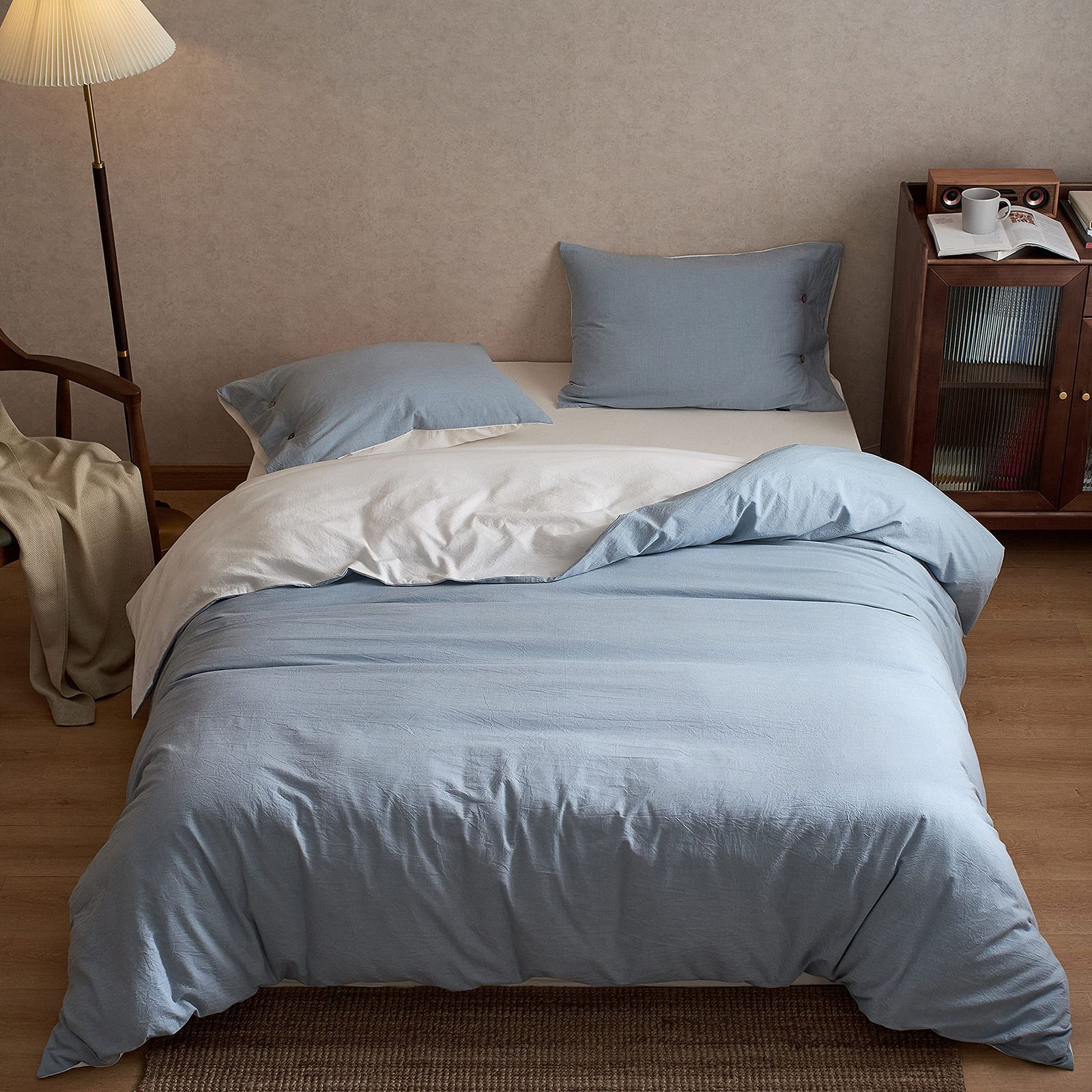 【新着商品】枕カバー（2枚入） / ボックスシーツ 綿洗いざらし加工：柔らかく シングル：掛け布団カバー 布団カバーセット 変形しにくく コットン100% 色あせず 4点セット 布団かばーシン