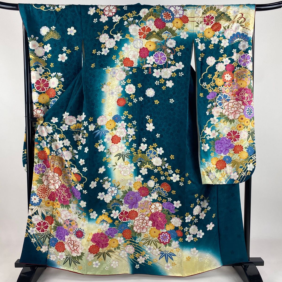 振袖 身丈162cm 裄丈68.5cm L 袷 貝桶 牡丹 箔 刺繍 深緑 正絹 名品