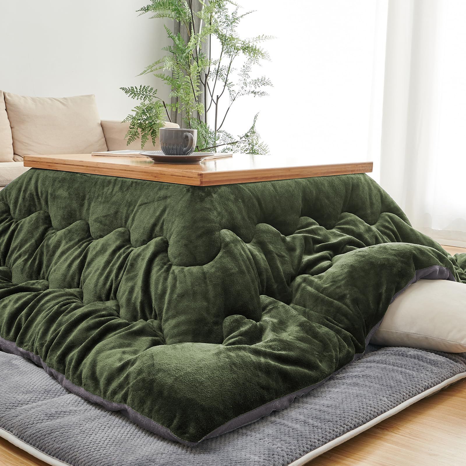 Size 190×190cm_Color グレー グリーン Keusnix こたつ布団 正方形 190×190cm 単品売り 発熱綿使用 こたつ用布団 高密度フランネル リバーシブル 冬用 こたつ掛け布団 ふわふわ ぽかぽか ぬくぬく 洗える 静電気防止 毛抜