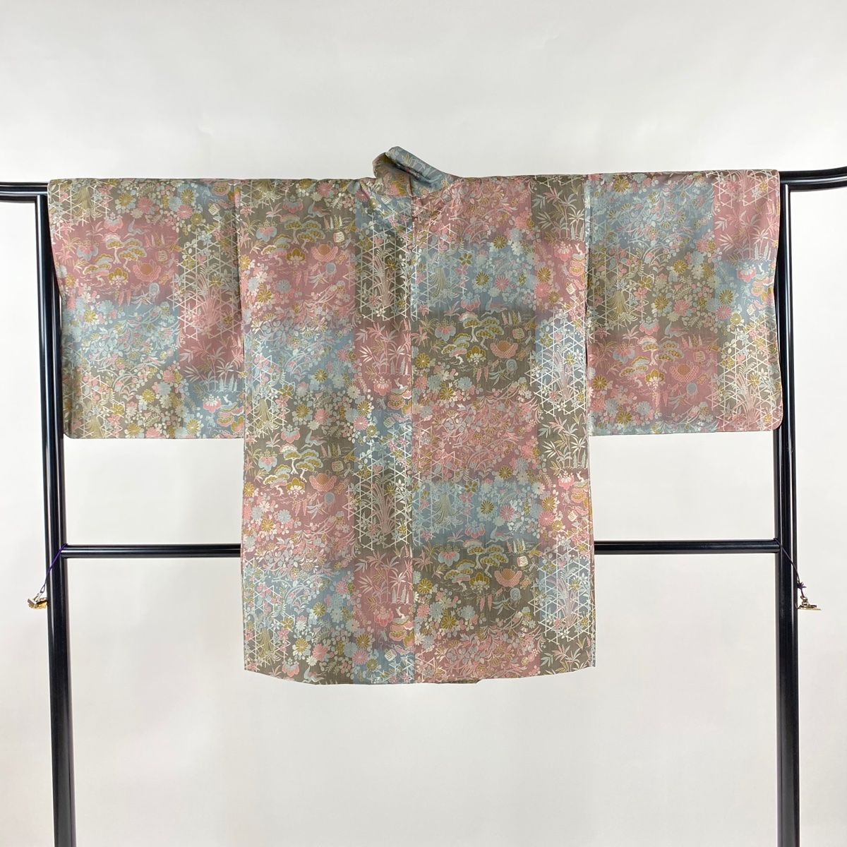 道中着 身丈85.5cm 裄丈65cm M 和装コート 宝尽くし 草花 ぼかし 青灰色 正絹 名品