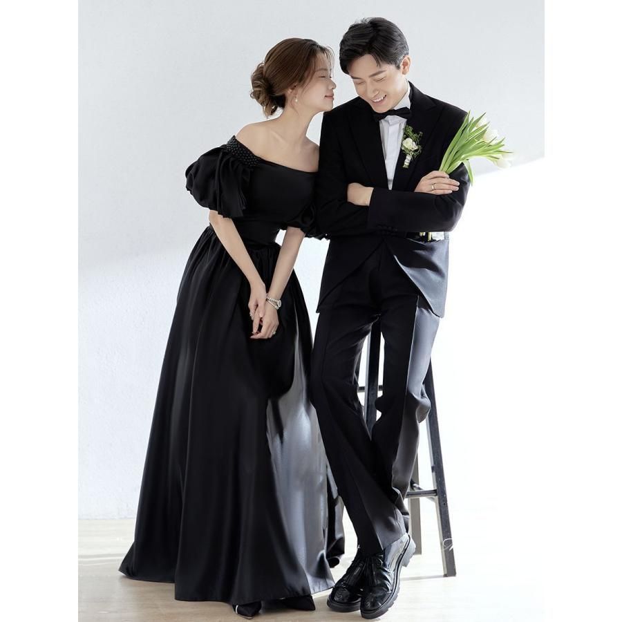 結婚式 二次会 前撮り オフショルダー ブラック ウェディングドレス