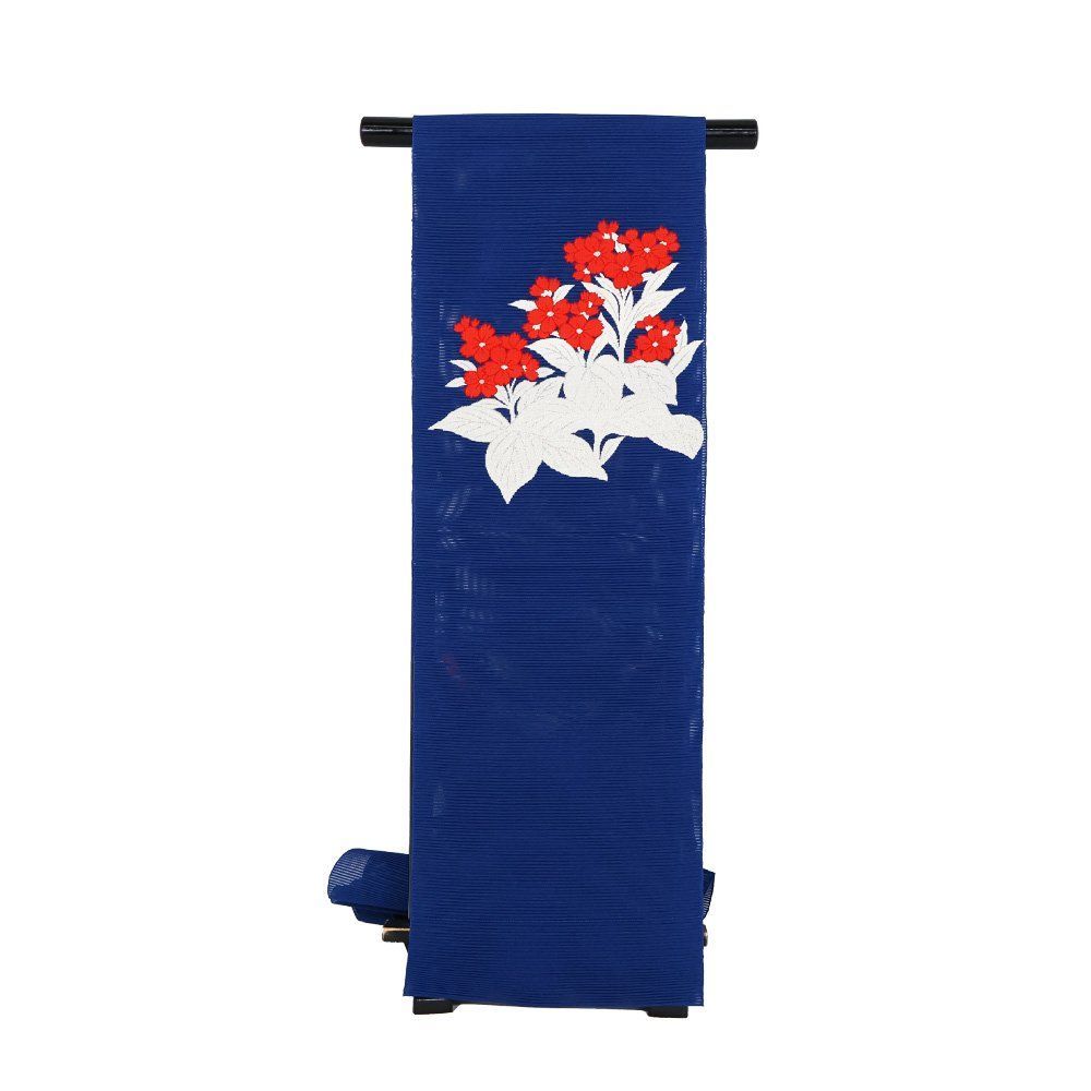 絽綴れ 名古屋帯 正絹 紺 花柄 N2477 未使用品 Lサイズ 夏帯