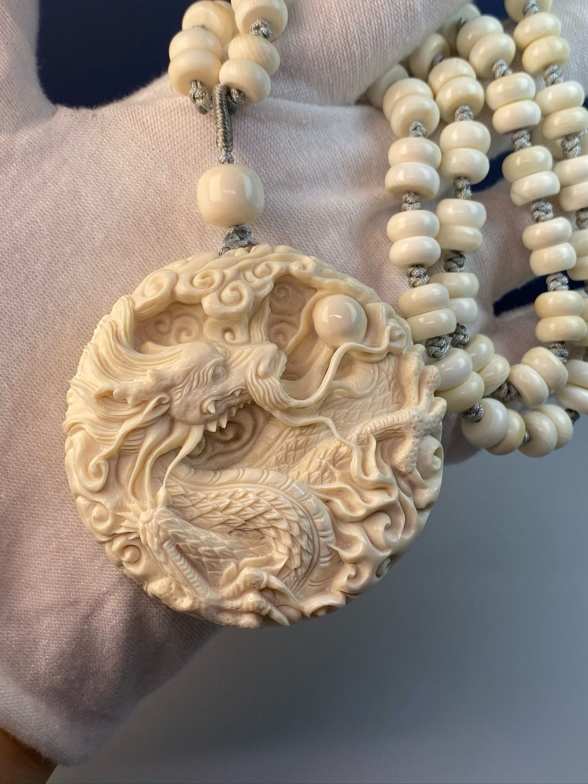 天然マンモス牙美しい手作り彫刻 龍凤呈祥 ネックレス