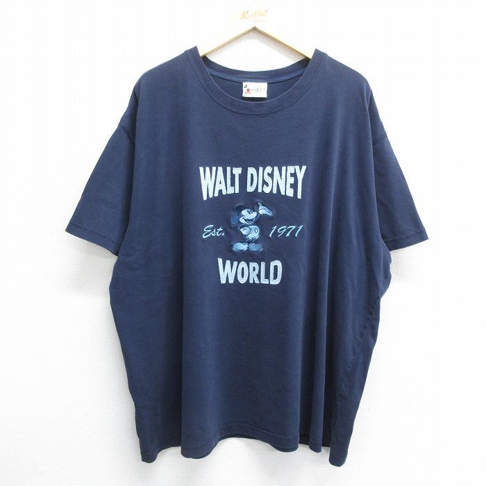 XL/古着 半袖 ビンテージ Tシャツ メンズ 00s ディズニー ミッキー 刺繍 大きいサイズ クルーネック 紺 ネイビー 24may24 中古