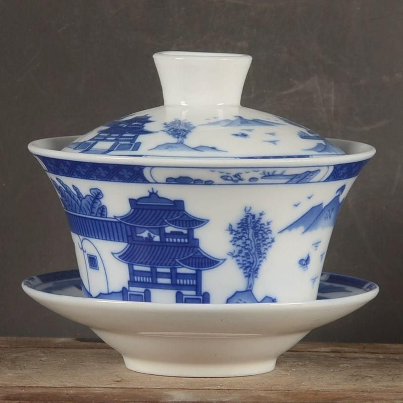 景徳鎮陶磁器梧桐山水蓋碗 茶碗 煎茶器 茶道具 新品未使用
