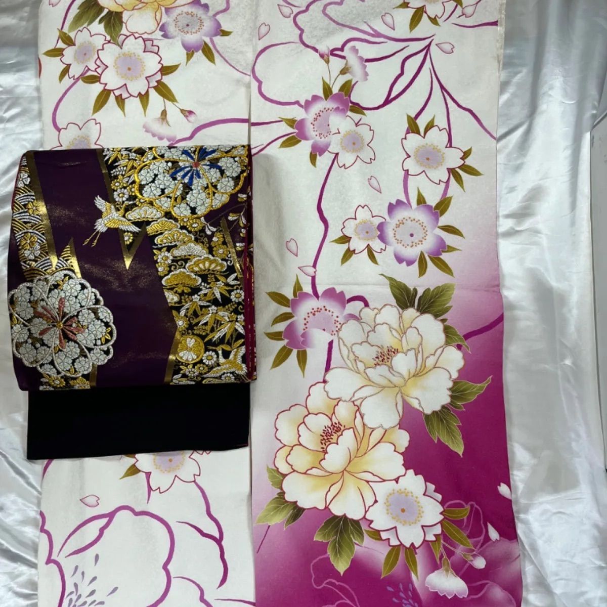 k31★白×花振袖★豪華絢爛身丈160cm正絹袷広襟(未使用)+正絹袋帯セット k31☆白×花振袖☆豪華絢爛綺麗身丈160cm裄丈69cm正絹