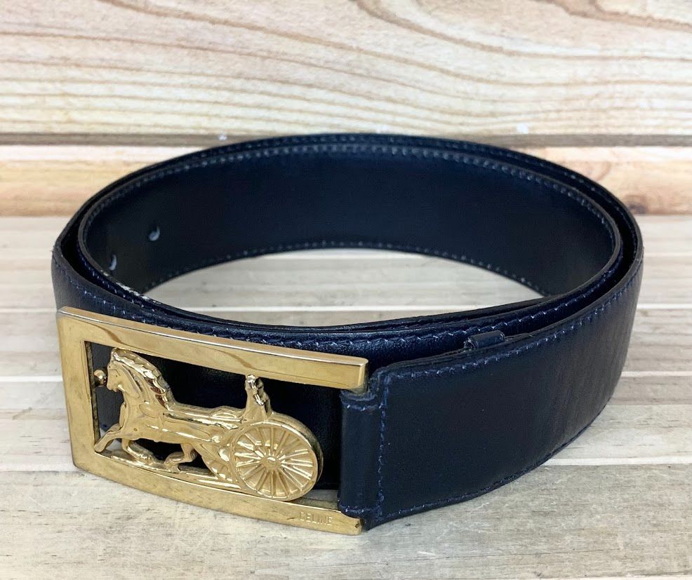 セリーヌ 馬車デザインのレザーベルト CELINE 黒レザー ベルト 馬車