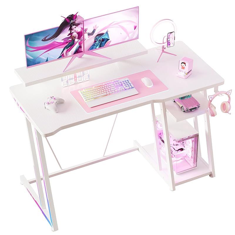 YeTom ゲーミングデスク ゲームデスク 幅120cm gaming desk 収納ラック2段付き 台下区分収納対応 机 pc テーブル パソコンデスク 白い 1