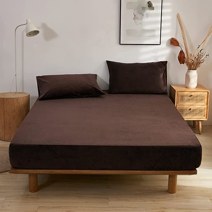 jinghede ボックスシーツ マイクロファイバー 秋冬用 静電気防止 ベッドシーツ マットレスカバー 丸洗いOK( brown，  ワイドダブル-150x200x30cm)