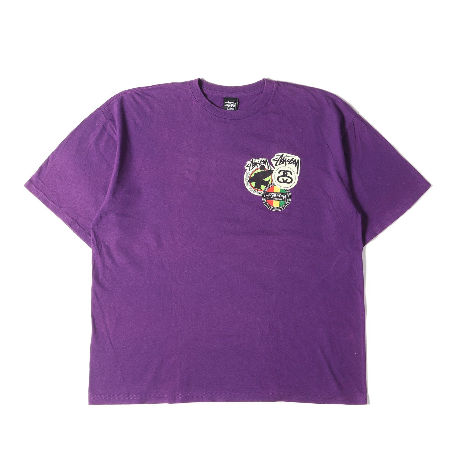 STUSSY ステューシー Tシャツ サイズ:XL ステッカー グラフィック クルーネック 半袖Tシャツ パープル トップス カットソー【メンズ】