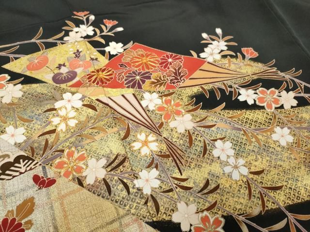 平和屋着物□豪華黒留袖 作家物 駒刺繍 扇面花文 金銀彩 正絹