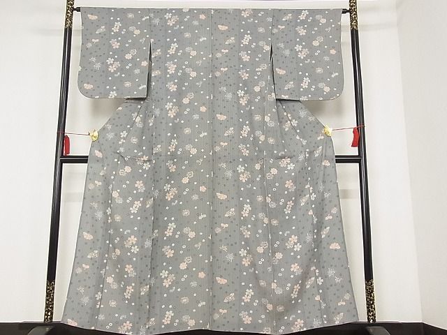 平和屋-こころ店■夏物　小紋　東京小紋　舞花文　反端付き　着丈156.5cm　裄丈64cm　正絹　逸品　A-ck4504