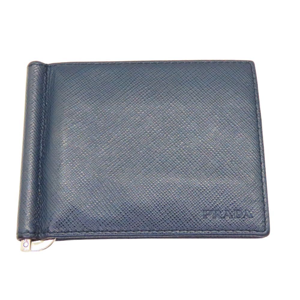 PRADA プラダ 二つ折り マネークリップ付きレザー財布（ネイビー