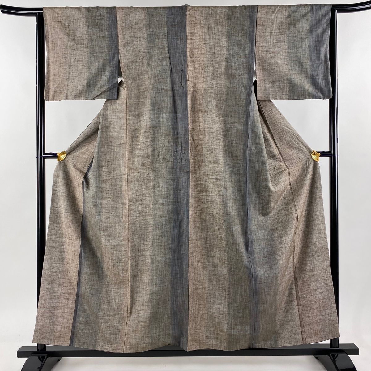 紬 身丈155cm 裄丈64cm M 袷 縦縞 薄茶色 正絹 名品