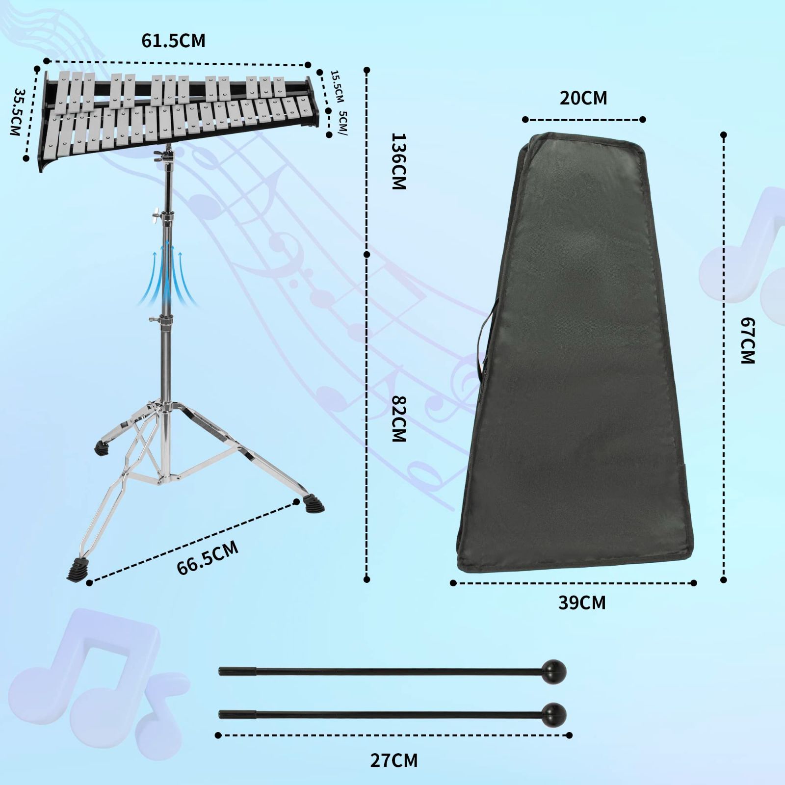 人気商品】マレット4本 卓上鉄琴 スタンド オルフ楽器 収納ケース付き 演奏 グロッケン 音楽会 鉄琴 発表会 学芸会 32音 高さ調節可能  BQKOZFIN (シルバー) - メルカリ