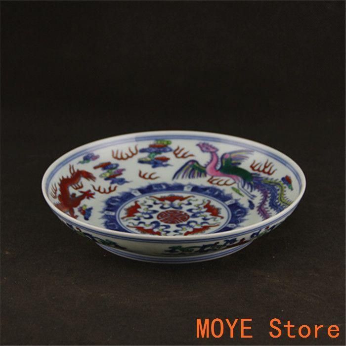 清雍正青花斗彩龍鳳図磁器皿  景徳鎮 陶磁器 装飾品 現代工芸品 美術品 置物 清雍正青花斗彩龍鳳図磁器皿 景徳鎮 陶磁器 装飾品 現代工芸品