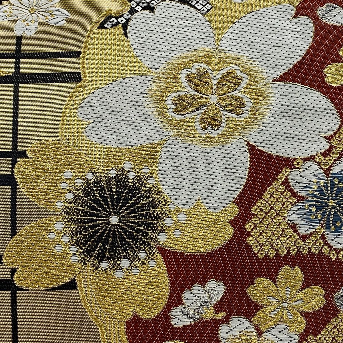 袋帯 秀品 振袖向き 鈴乃屋 桜 格子 箔 金銀糸 金色 六通 正絹