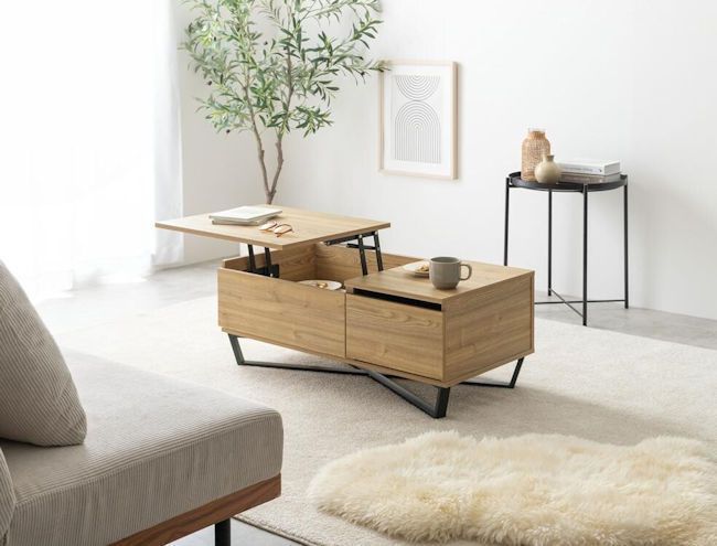 昇降式センターテーブル幅90 引出付 ローテーブル 石目調 木目調