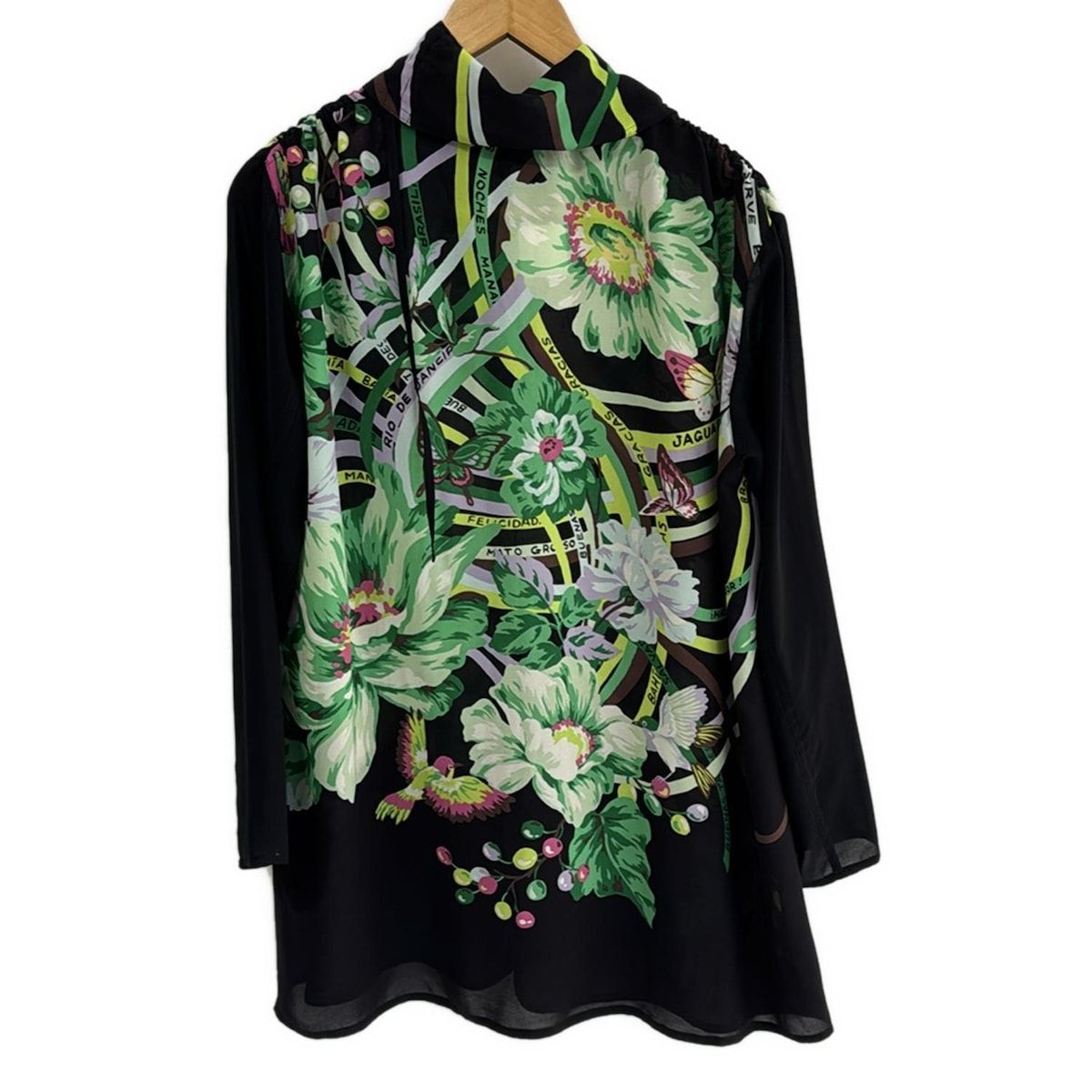 トクコ プルミエヴォル 長袖シャツブラウス サイズ9 M レディース - 黒×グリーン×マルチ 花柄|ロング丈|シースルー