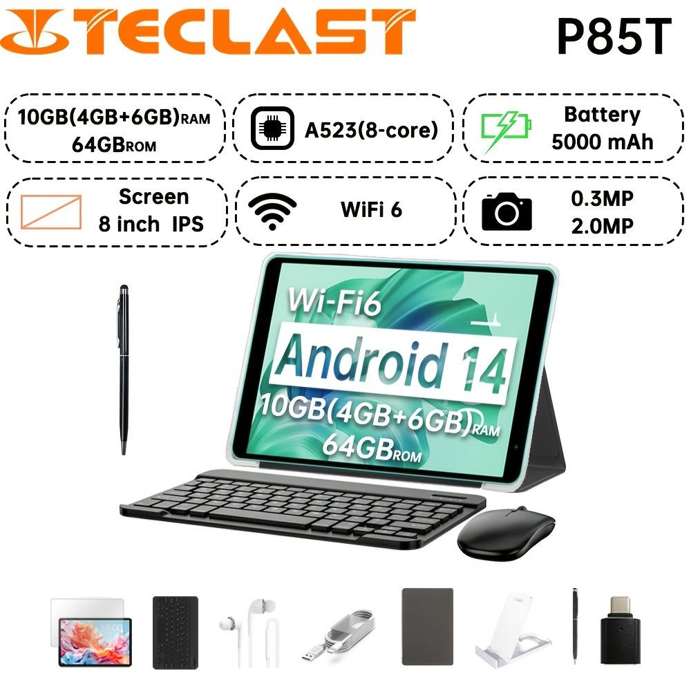 Teclast P85T 2025 タブレット 8インチ Android 14 パッド 800×1280 IPS| 4GB RAM| 64GB ROM| Allwinner A523 8コア 1.8GHz| WIFI 5G| 5000mAh バッテリー| T