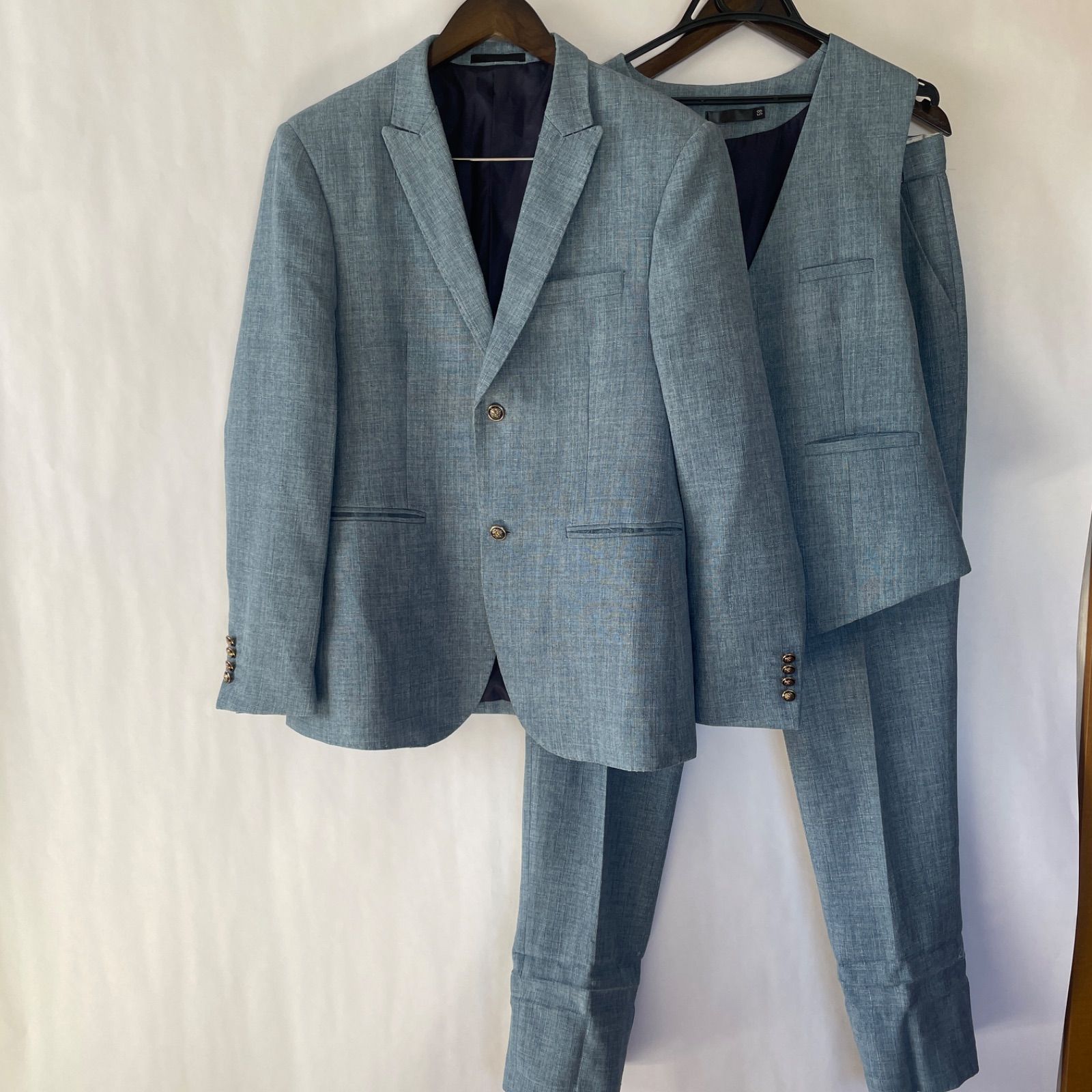 【美品】希少　デニム　スリーピース　ブレザー　スーツ　リネン　コットン　セットアップ　 ライトブルー