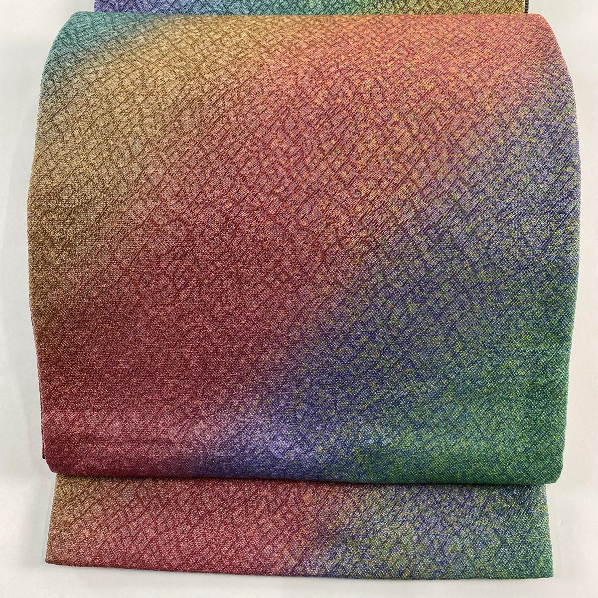 袋帯 秀品 斜縞 幾何学模様 銀糸 赤紫 六通 正絹