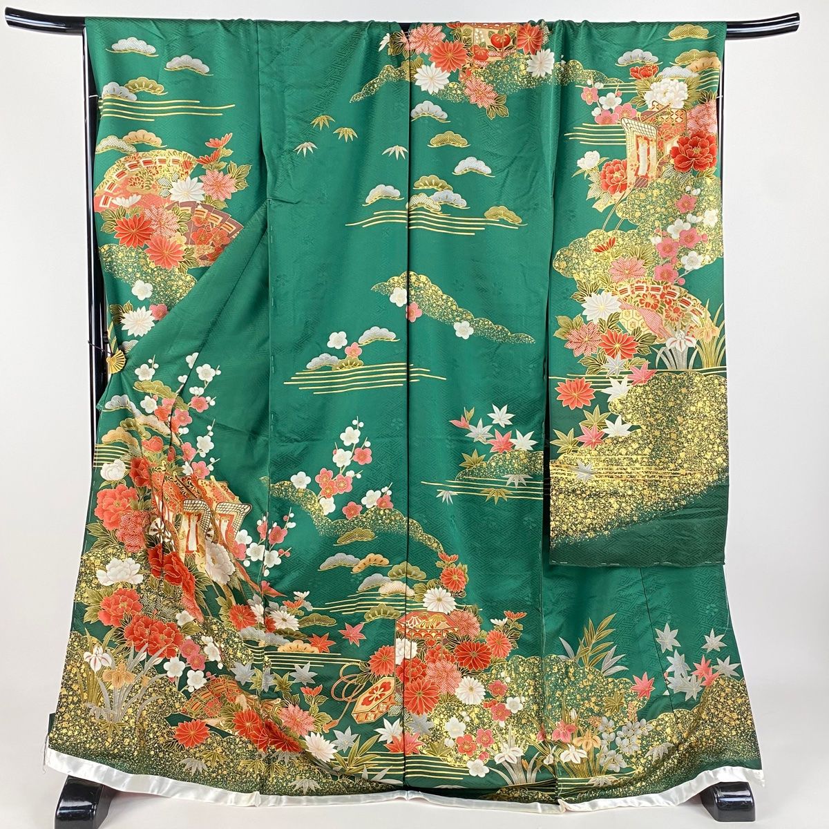 振袖 身丈174.5cm 裄丈71cm 未仕立て 仮絵羽 御所車 松竹梅 金彩 緑 正絹 秀品