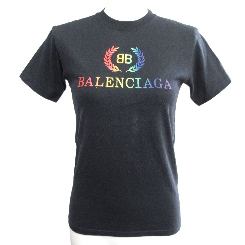 バレンシアガ BALENCIAGA レインボーロゴ刺繍 BB Tシャツ カットソー クルーネック 半袖 XS 黒 ブラック MNK1 0929
