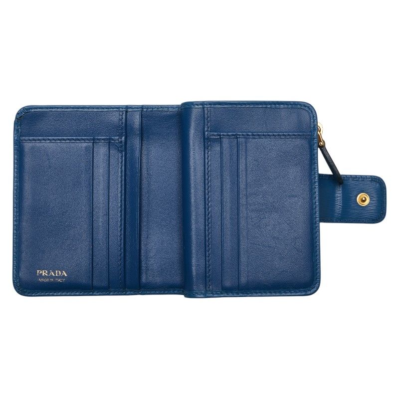 【良品】PRADA プラダ　折り財布　ロゴ　ブルー　サフィアーノレザー PRADA プラダ 財布 レディース ブランド 二つ折り財布