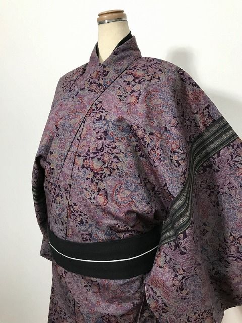 3Lサイズ リメイク男物シリーズ ウール 紫地に唐花模様 福服特製