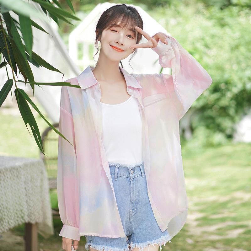 ブラウス レディース カジュアルシャツ  夏 長袖  オシャレ UVカットタイダイ 大人 OL ゆったり 薄手 紫外線対策 トップス  ピンク おしゃれ  通勤 30代40代50代 ブラウス レディース カジュアルシャツ 夏 長袖 オシャレ UV