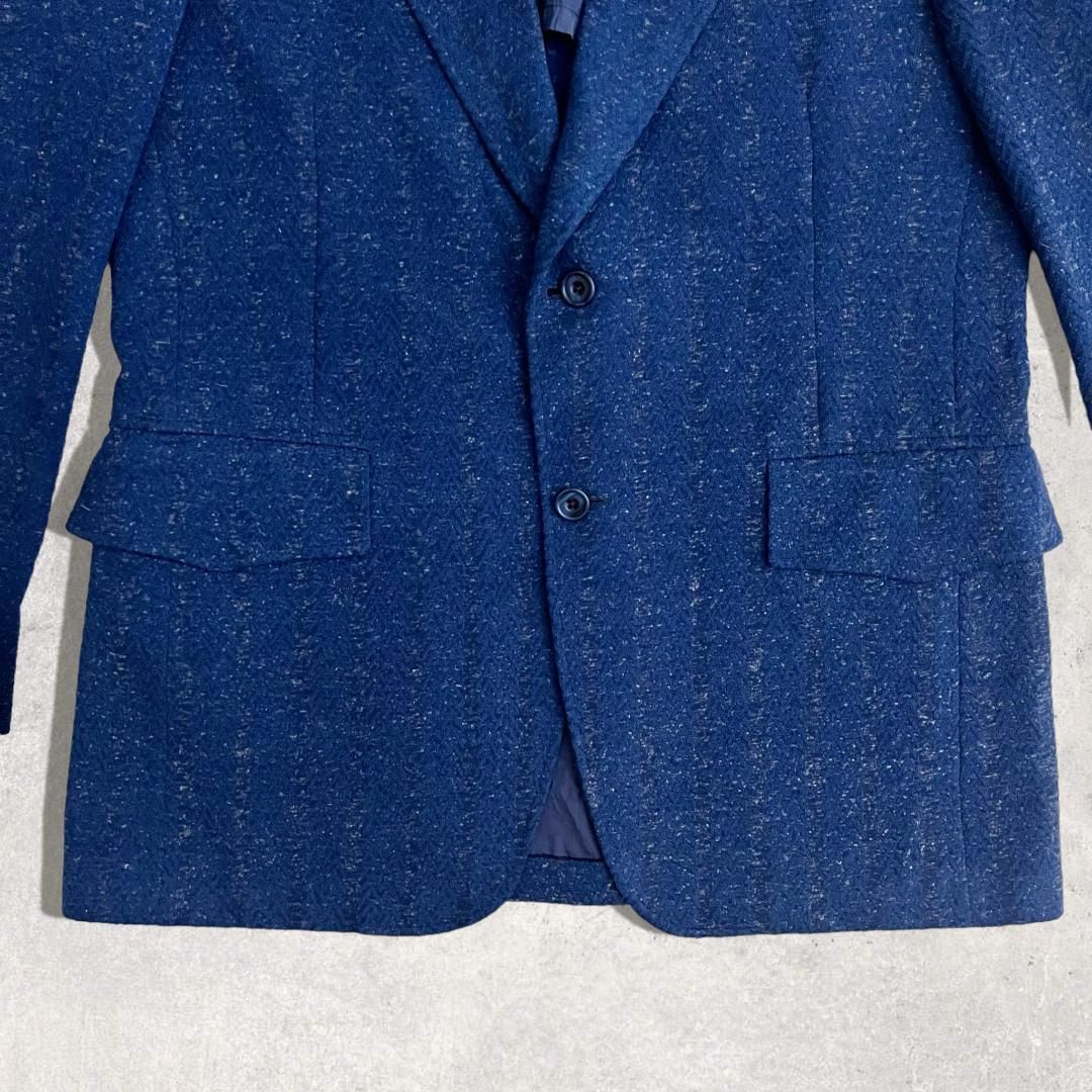 【Vintage】ツイード調 ジャガードストライプ テーラードジャケット 青 L