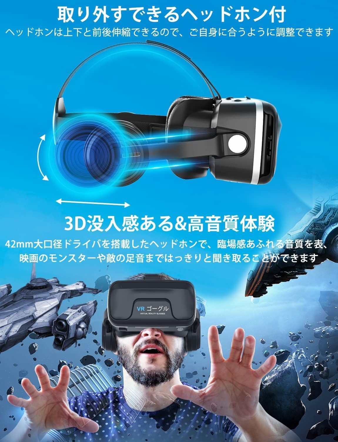 買い物 2023次世代 VRゴーグル VRヘッドセット VRグラス VRヘッドマウントディスプレイ ヘッドホン付 スマホ用 3Dメガネ 非球面光学レ 